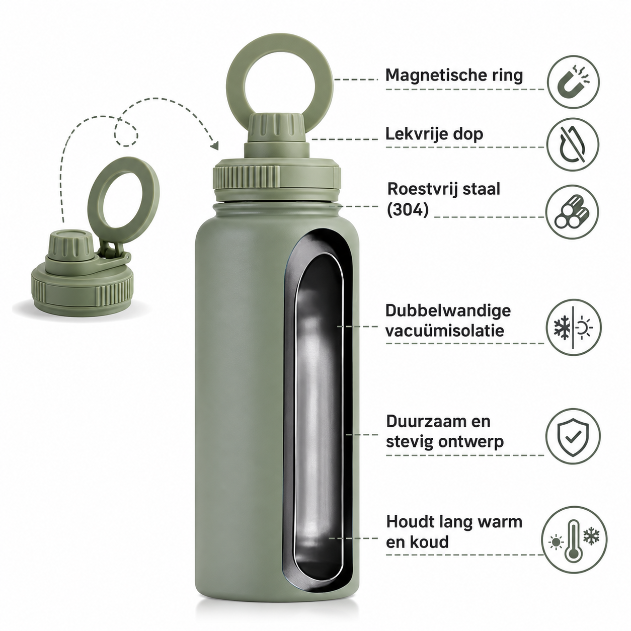 1L Thermos Drinkfles met Magnetische Telefoonhouder