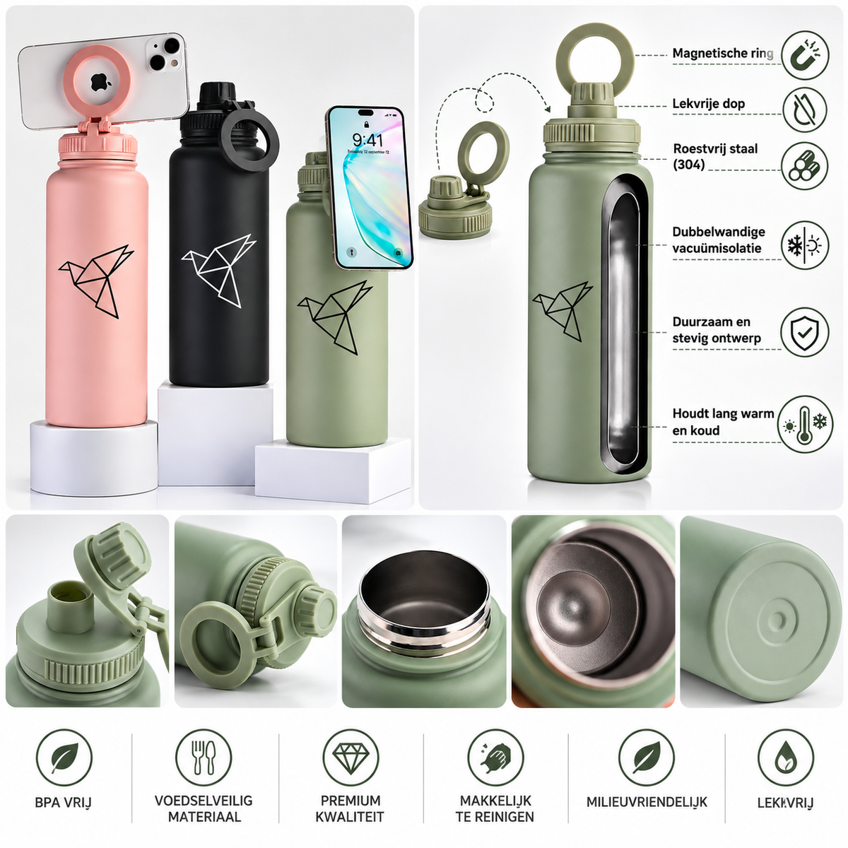 1L Thermos Drinkfles met Magnetische Telefoonhouder