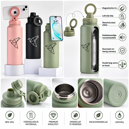 1L Thermos Drinkfles met Magnetische Telefoonhouder